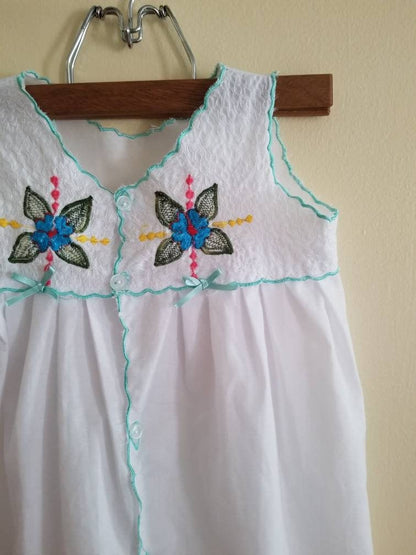 SALE Vintage dress, child Mexican embroidered toddler girl floral scallop edges spring simmer sleeveless boho hippy