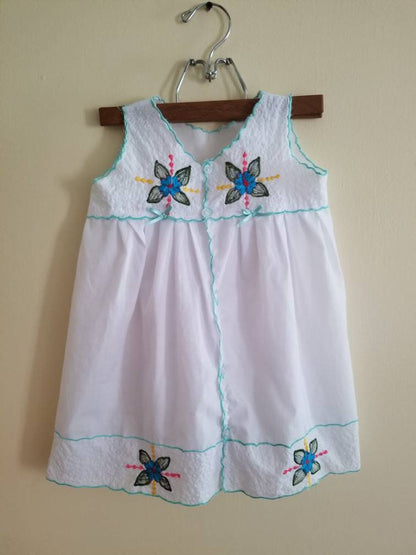 SALE Vintage dress, child Mexican embroidered toddler girl floral scallop edges spring simmer sleeveless boho hippy