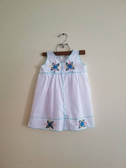 SALE Vintage dress, child Mexican embroidered toddler girl floral scallop edges spring simmer sleeveless boho hippy