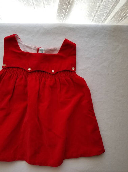 SALE Vintage Red Velvet Infant Dress / Cherub Dress / 18 mo / Vintage Cotton Dress / Valentine's Dress / Christmas Dress / Smocked Pinafore Dress