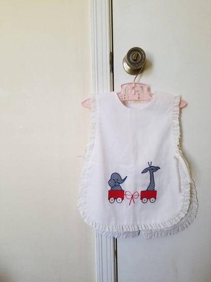 SALE Vintage pinafore, apron dress embroidered circus train open sides 60s 70s toddler girl fashion