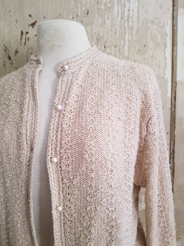 Vintage cardigan, Ms Sport beige knit XL nubby jacket woven long sleeve button up pearls