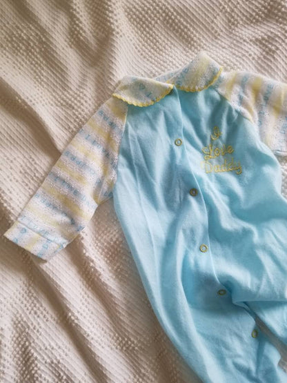 SALE Vintage sleeper, I love Daddy, gender neutral, infant, boy, bodysuit, pajamas, PJs, 6-9 months, 70s, collar, snaps, footed, blue, yellow