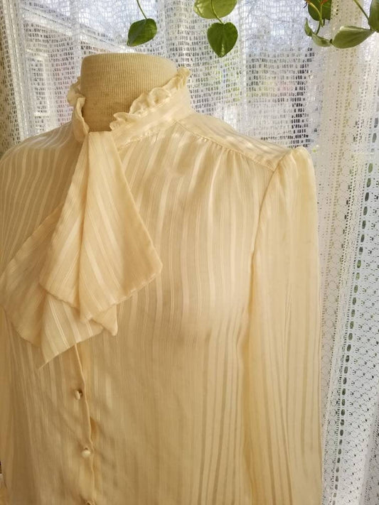 Vintage Ruffle Blouse / Pierre Lamonte / Size 10 / Long Sleeves / Pussy Bow Tie / Sheer Stripes / Cream Color / Secretary Blouse / Button Up