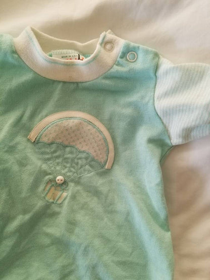 SALE Vintage Infant Bodysuit / Health-tex / 18 mos. / Teal Baby Sunsuit / Parachute Applique / Gender Neutral / Cotton Knit / Short Sleeves