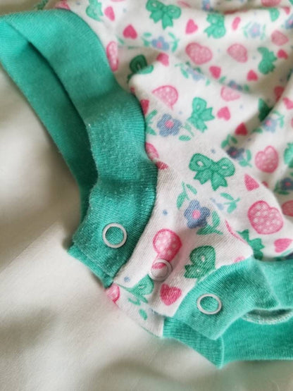 SALE Vintage Teal Romper / Cuties by Judy / 6-9 m / Baby Girl / Jumper / Jumpsuit / Bubble / Cotton Knit / Short Sleeves / Hearts / Bows / Kawaii