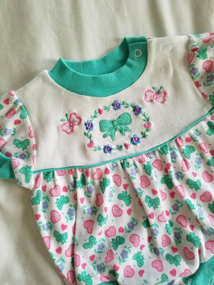 SALE Vintage Teal Romper / Cuties by Judy / 6-9 m / Baby Girl / Jumper / Jumpsuit / Bubble / Cotton Knit / Short Sleeves / Hearts / Bows / Kawaii