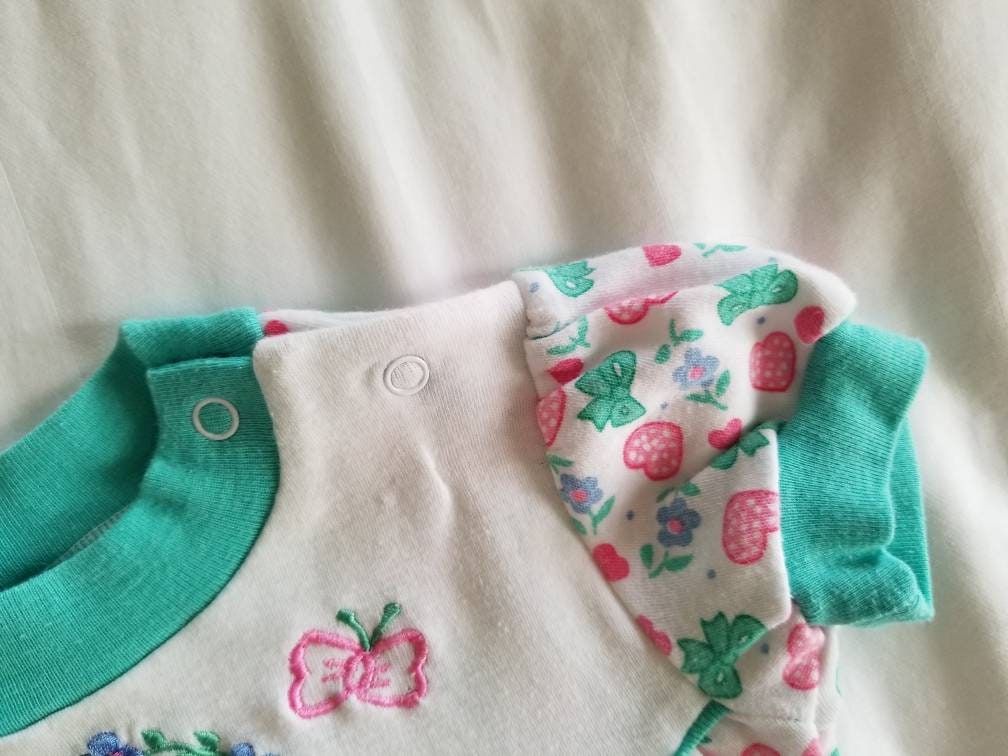 SALE Vintage Teal Romper / Cuties by Judy / 6-9 m / Baby Girl / Jumper / Jumpsuit / Bubble / Cotton Knit / Short Sleeves / Hearts / Bows / Kawaii