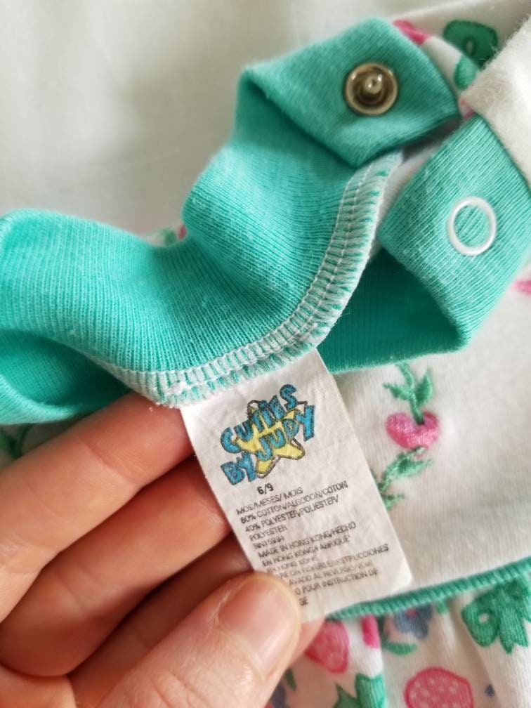 SALE Vintage Teal Romper / Cuties by Judy / 6-9 m / Baby Girl / Jumper / Jumpsuit / Bubble / Cotton Knit / Short Sleeves / Hearts / Bows / Kawaii