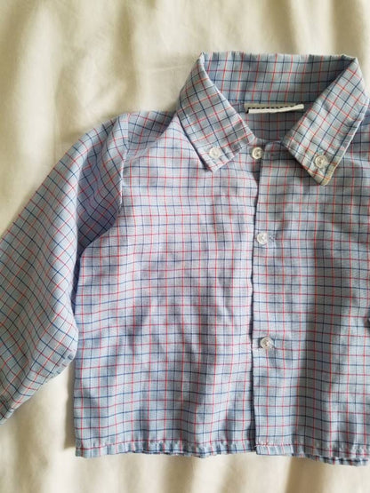 SALE Vintage Baby Button Down Shirt / Petit Jouet / Long Sleeve Shirt / Collared Shirt / Blue Plaid / Stripes / 3-6 months / Red Line