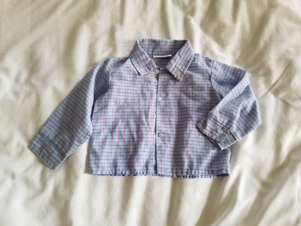 SALE Vintage Baby Button Down Shirt / Petit Jouet / Long Sleeve Shirt / Collared Shirt / Blue Plaid / Stripes / 3-6 months / Red Line