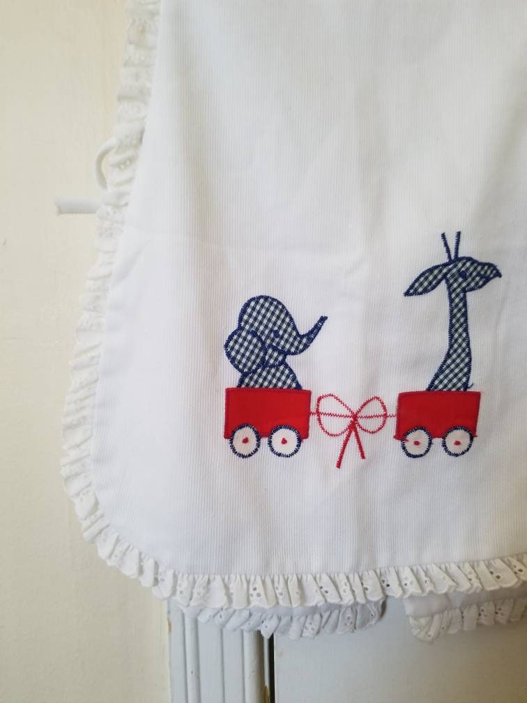 SALE Vintage pinafore, apron dress embroidered circus train open sides 60s 70s toddler girl fashion