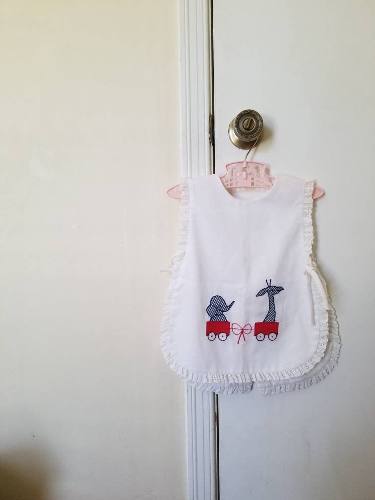 SALE Vintage pinafore, apron dress embroidered circus train open sides 60s 70s toddler girl fashion