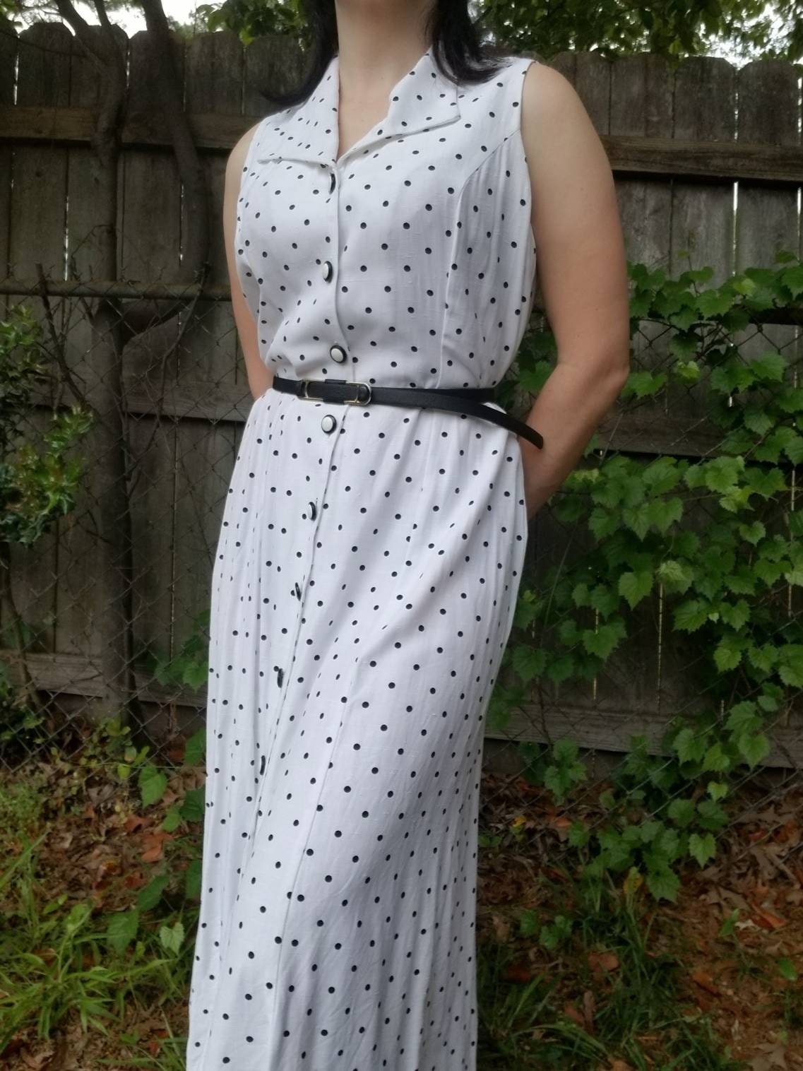 Vintage dress, John Roberts, 10, petites, maxi ankle length, 90s, black, white, polka dots, button front, collar, sleeveless, cutout, sheath