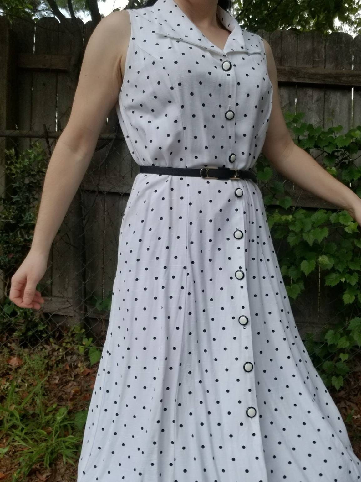 Vintage dress, John Roberts, 10, petites, maxi ankle length, 90s, black, white, polka dots, button front, collar, sleeveless, cutout, sheath