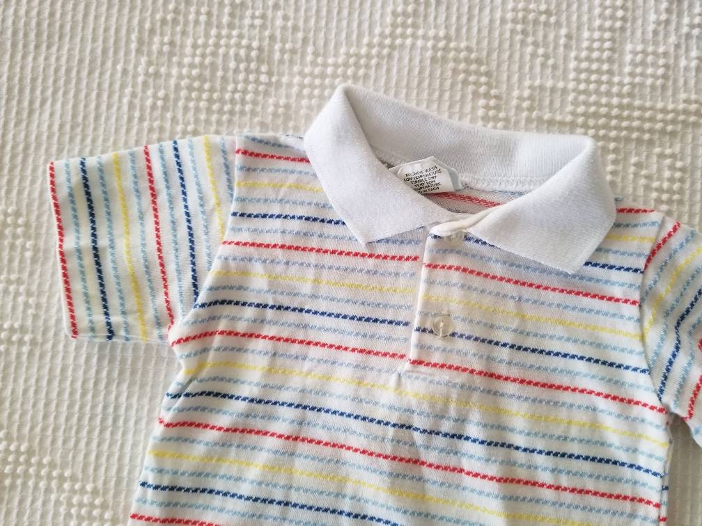 SALE Vintage Infant Stripe Shirt / Royal Heir / 18 months / Collared / Short Sleeves / Red / Yellow / Blue / White / Cotton Knit / Unisex Tee