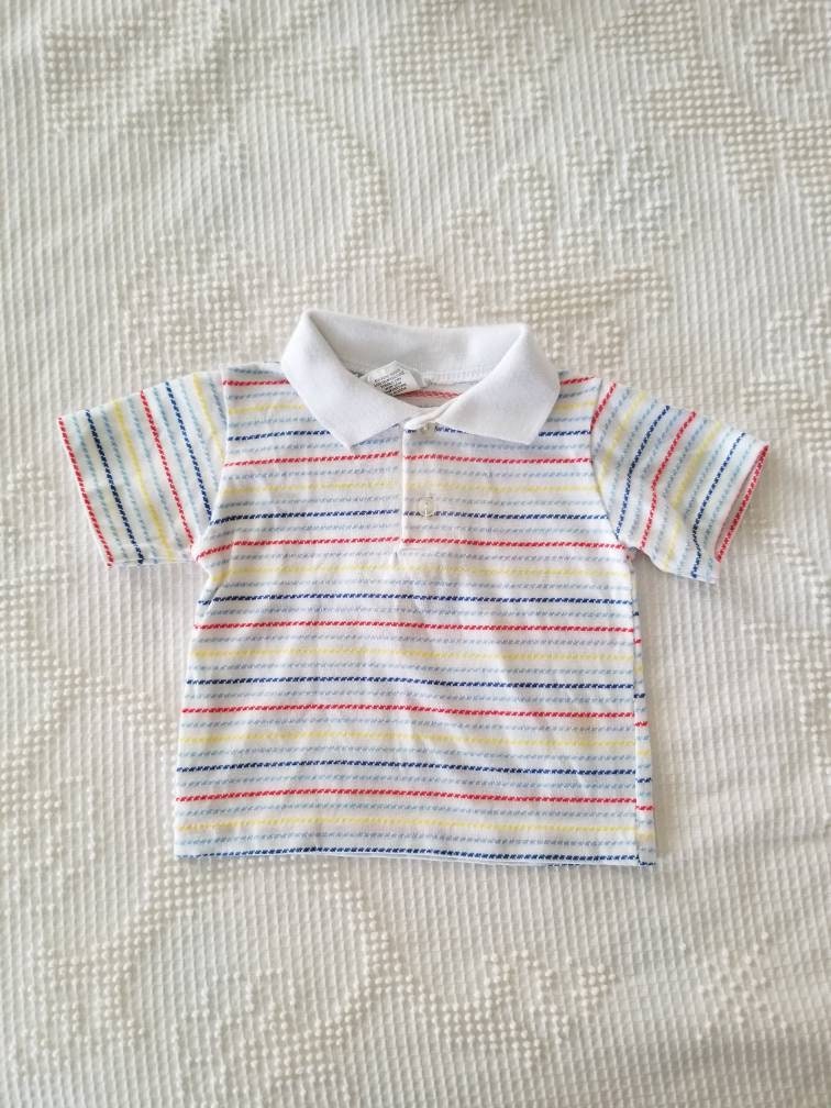 SALE Vintage Infant Stripe Shirt / Royal Heir / 18 months / Collared / Short Sleeves / Red / Yellow / Blue / White / Cotton Knit / Unisex Tee