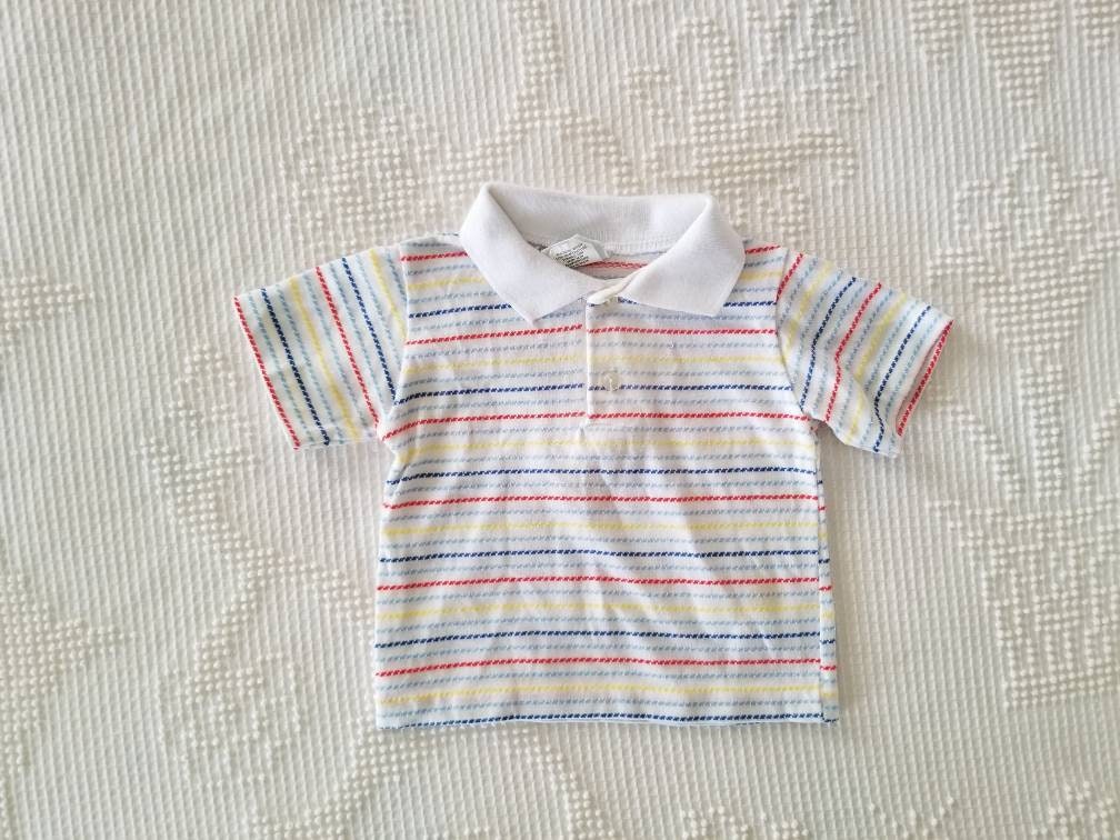 SALE Vintage Infant Stripe Shirt / Royal Heir / 18 months / Collared / Short Sleeves / Red / Yellow / Blue / White / Cotton Knit / Unisex Tee