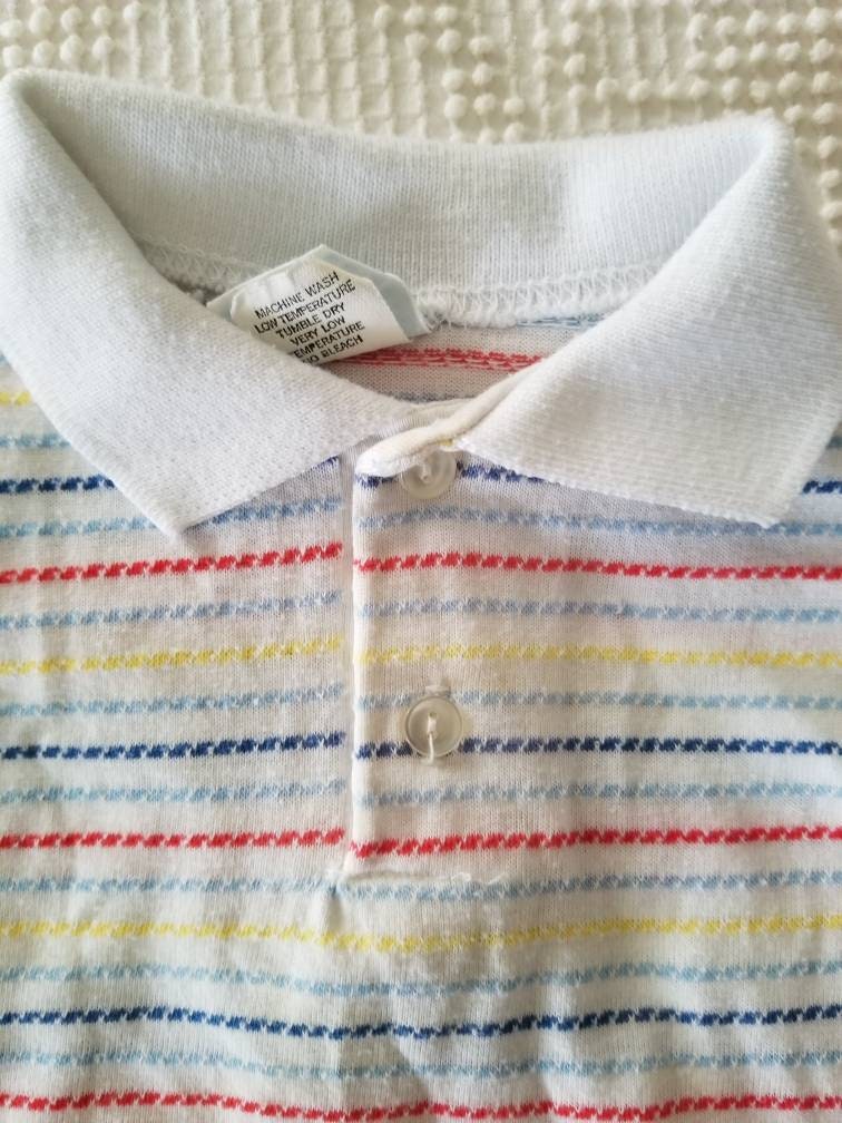 SALE Vintage Infant Stripe Shirt / Royal Heir / 18 months / Collared / Short Sleeves / Red / Yellow / Blue / White / Cotton Knit / Unisex Tee