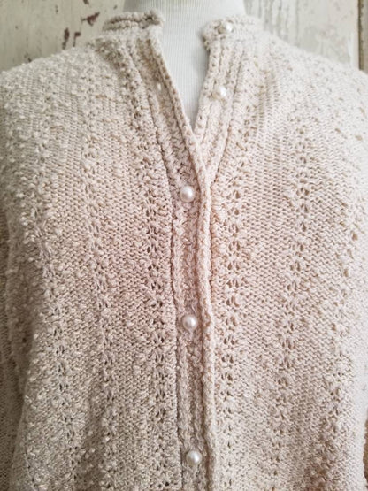 Vintage cardigan, Ms Sport beige knit XL nubby jacket woven long sleeve button up pearls