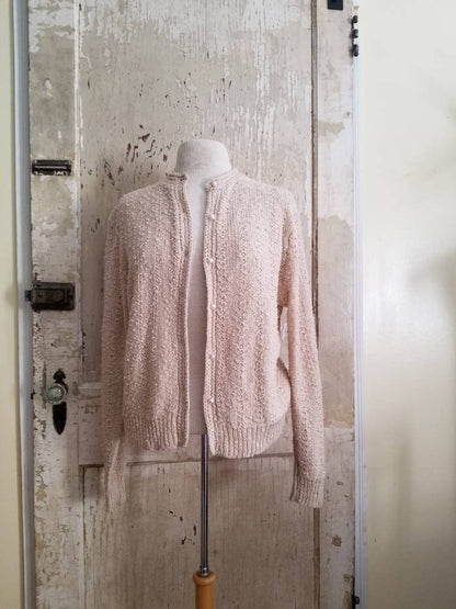 Vintage cardigan, Ms Sport beige knit XL nubby jacket woven long sleeve button up pearls