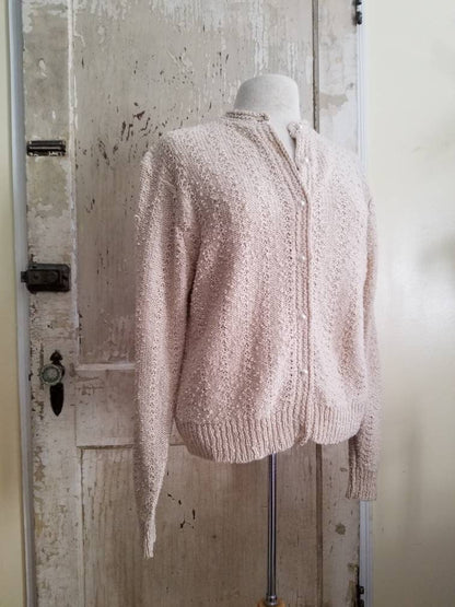 Vintage cardigan, Ms Sport beige knit XL nubby jacket woven long sleeve button up pearls