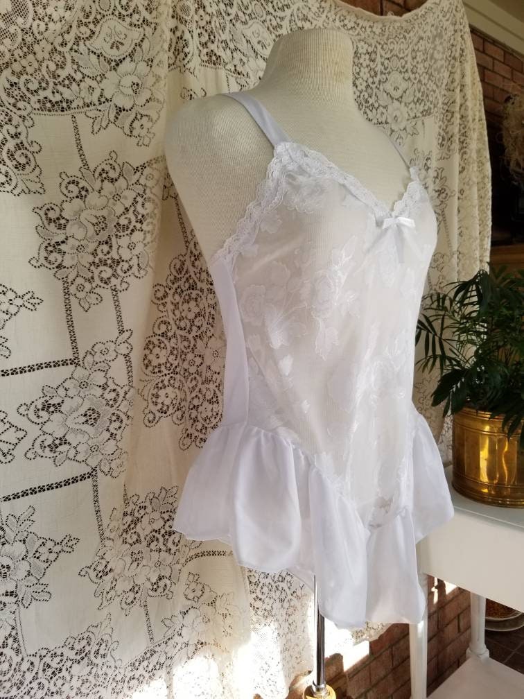 Vintage White Teddy Lingerie / Triangle Lingerie / NOS / Unused Lingerie / Large / Lace Sheer / Sexy / Wedding Night / Honeymoon