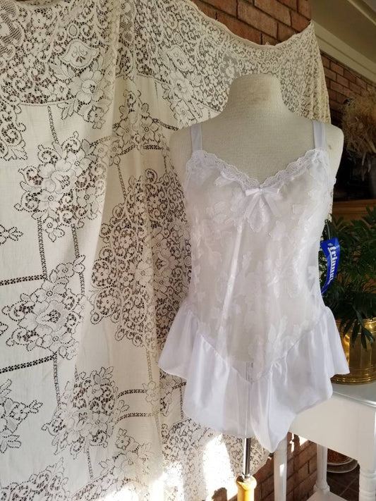 Vintage White Teddy Lingerie / Triangle Lingerie / NOS / Unused Lingerie / Large / Lace Sheer / Sexy / Wedding Night / Honeymoon