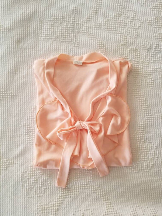 Vintage Peach Top / Size 20 / Women's / Dressy / Pussy Bow Tie / Neck Ruffle / V-Neck / Jabot / Batwing Sleeves / 70s Lady / Secretary Shirt