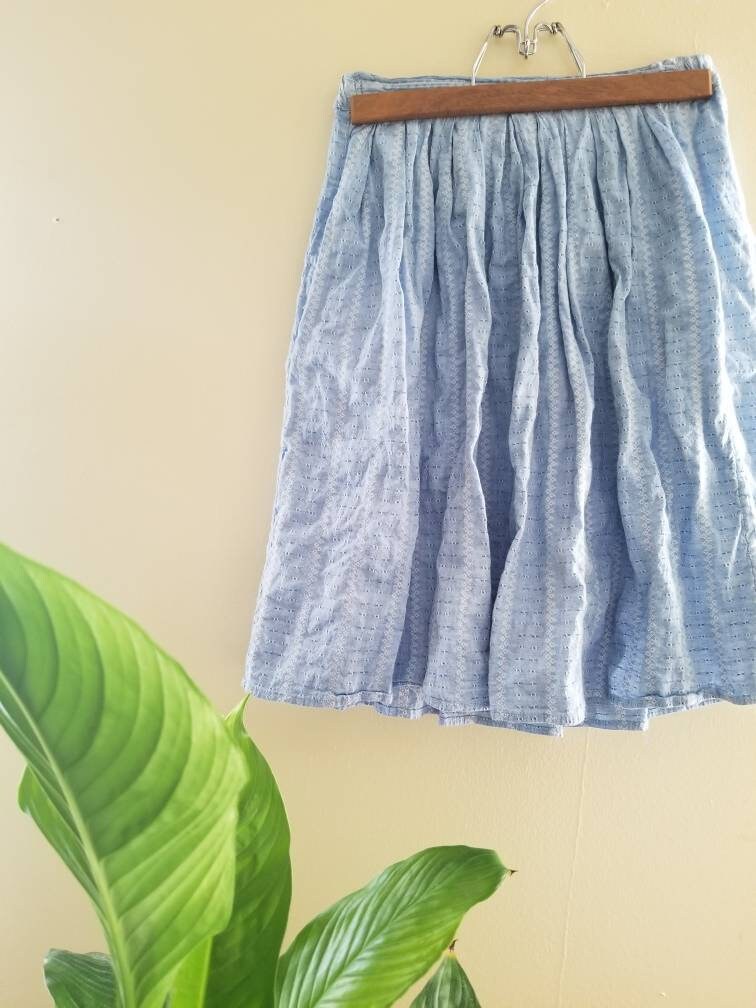 SALE Vintage Blue Skirt / Mona Lisa Haute Couture / Small / Woven Cotton / Hidden Pockets / Knee Length / Elastic Waist / Striped / Spring Summer