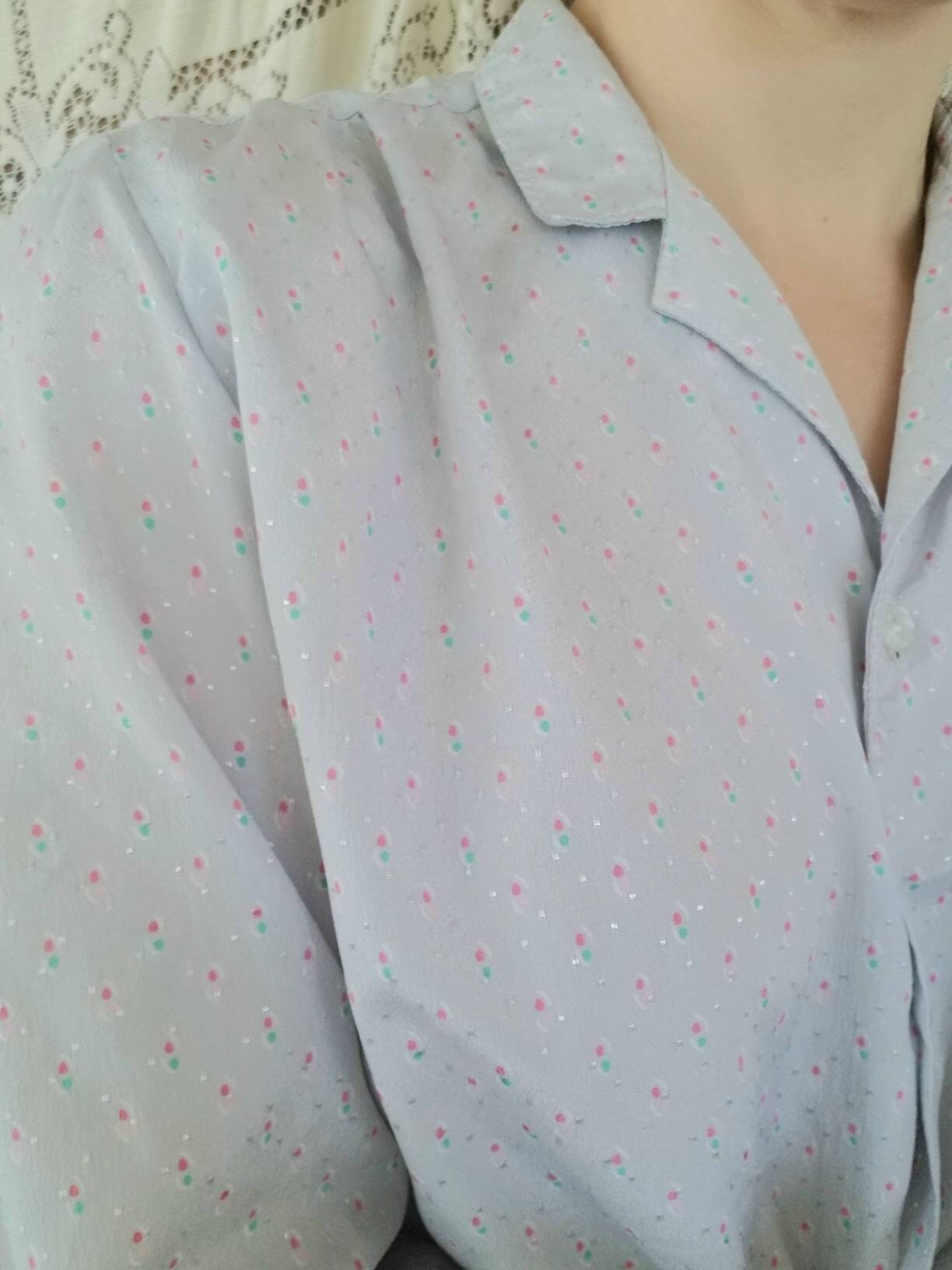 Vintage Grey Blouse / Long Sleeves / 70s / Button Up Shirt / Polka Dots / Pink / Green / Shiny / Dressy / Abstract Print / Secretary Shirt