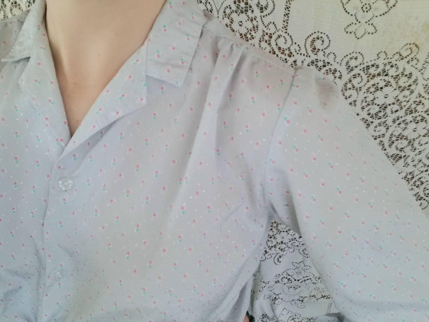 Vintage Grey Blouse / Long Sleeves / 70s / Button Up Shirt / Polka Dots / Pink / Green / Shiny / Dressy / Abstract Print / Secretary Shirt