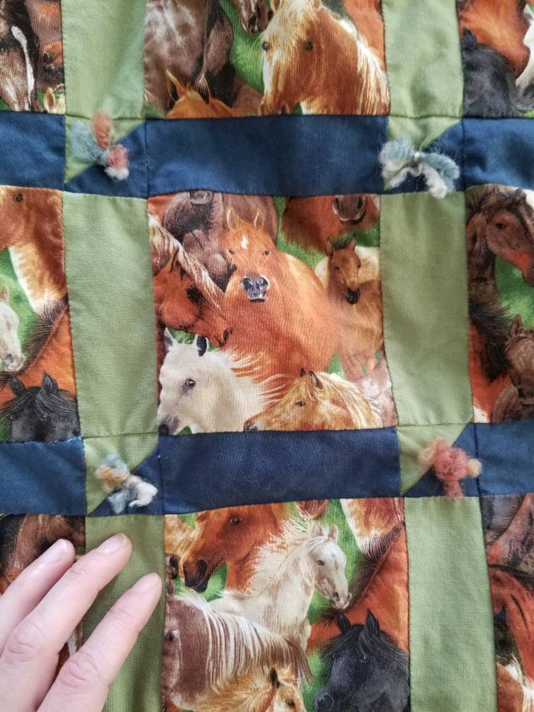 SALE Vintage Horse Quilt / Handmade / Baby Blanket / Crib Bedding / Equestrian / Throw / Child's Room / Hand Tied / Boy's Room / Earth Tones