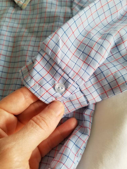 SALE Vintage Baby Button Down Shirt / Petit Jouet / Long Sleeve Shirt / Collared Shirt / Blue Plaid / Stripes / 3-6 months / Red Line