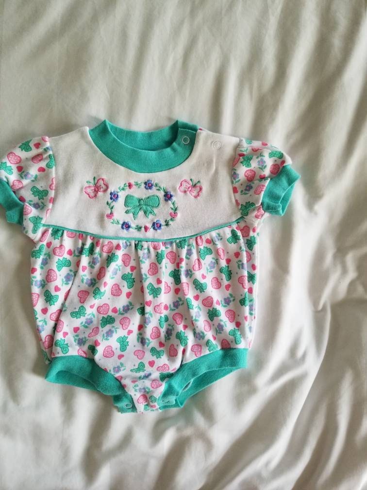 SALE Vintage Teal Romper / Cuties by Judy / 6-9 m / Baby Girl / Jumper / Jumpsuit / Bubble / Cotton Knit / Short Sleeves / Hearts / Bows / Kawaii