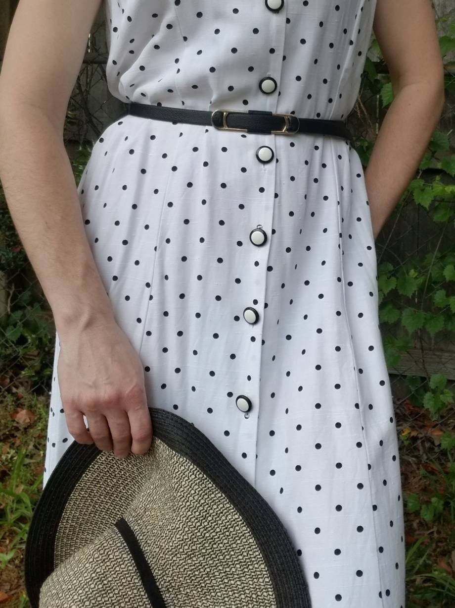 Vintage dress, John Roberts, 10, petites, maxi ankle length, 90s, black, white, polka dots, button front, collar, sleeveless, cutout, sheath