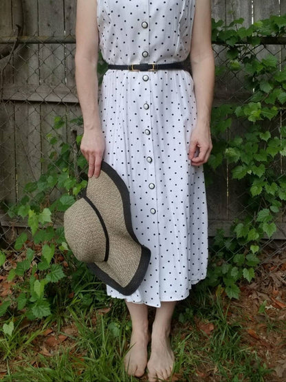 Vintage dress, John Roberts, 10, petites, maxi ankle length, 90s, black, white, polka dots, button front, collar, sleeveless, cutout, sheath