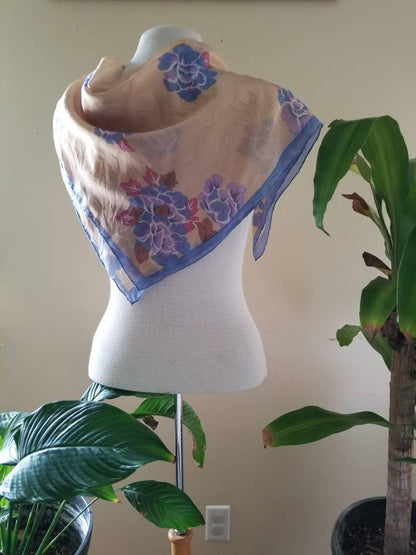 Vintage Silk Scarf / Hand Rolled / Hand Stitched / Floral / Blue / Pink / Tan / Brown / 29" x 28" / Square / Opaque / Hair Tie