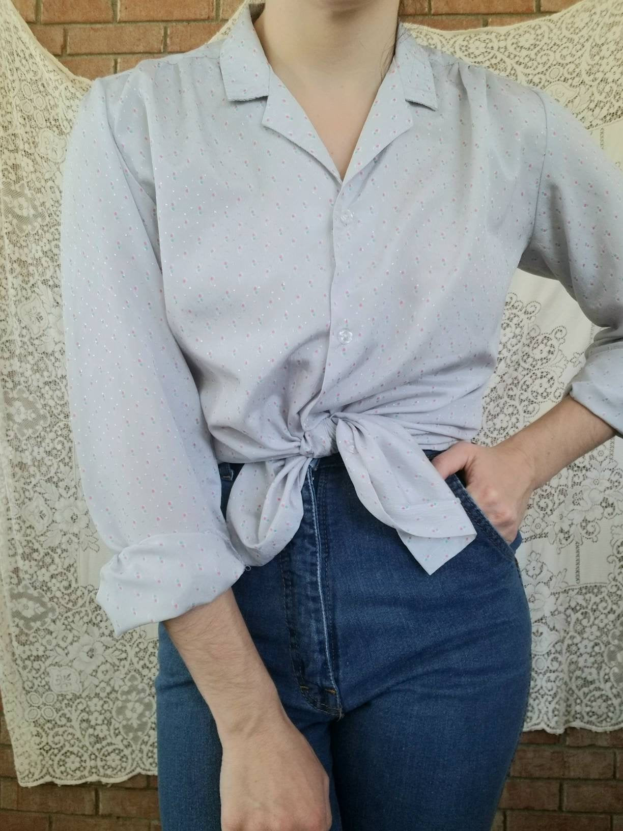 Vintage Grey Blouse / Long Sleeves / 70s / Button Up Shirt / Polka Dots / Pink / Green / Shiny / Dressy / Abstract Print / Secretary Shirt