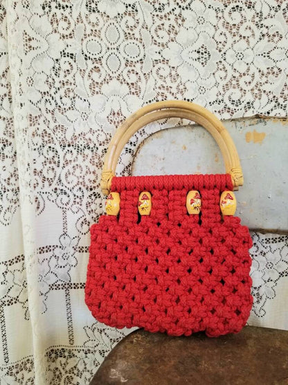 Vintage Mushroom Purse / Bamboo Handle / Macrame Bag / Top Handle / Red / 70s / Lined / Painted Beads / Boho / Kitschy / Bohemian / Kawaii