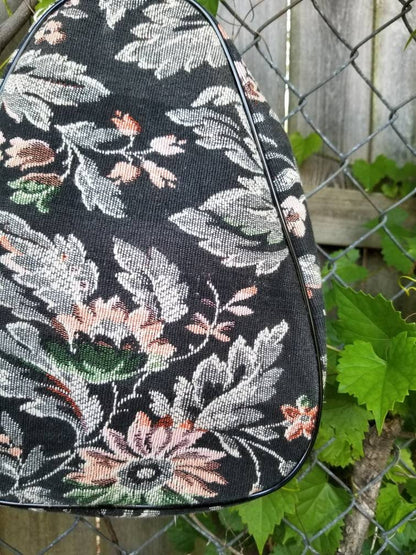 Vintage Tapestry Purse / Celebrity Inc. New York / Bucket Bag / Embroidered / Woven / Top Handle / Travel Bag / Black / Floral / Carpet Bag