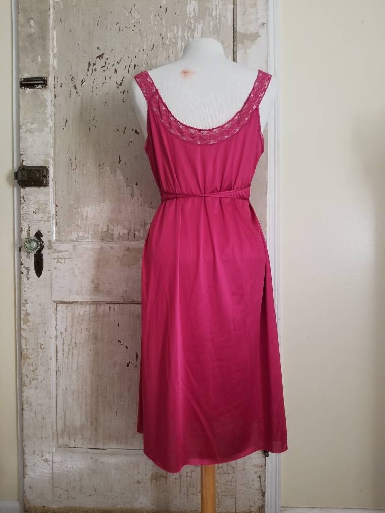 Vintage Nylon Nightgown / Vanity Fair / Medium / Magenta / Cranberry / Lace / Grecian / Wrap Ties / Short / Knee Length / Sexy / Scoop Neck