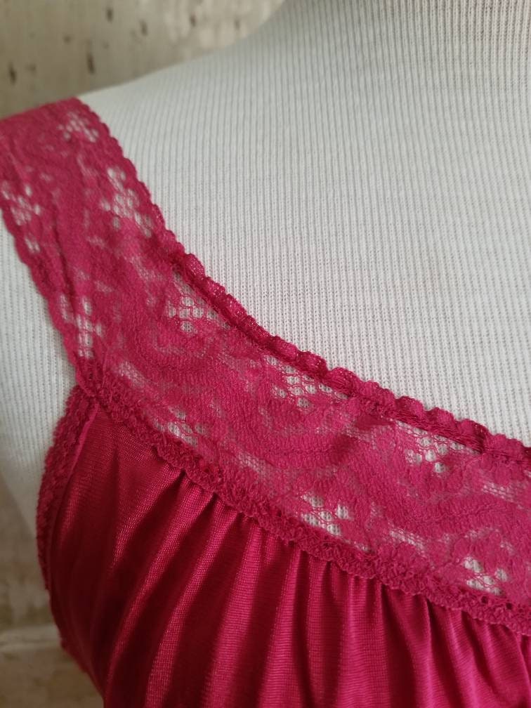 Vintage Nylon Nightgown / Vanity Fair / Medium / Magenta / Cranberry / Lace / Grecian / Wrap Ties / Short / Knee Length / Sexy / Scoop Neck