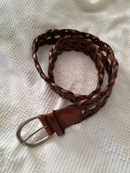 Vintage Braided Belt / Genuine Leather / Thick / Wide / Woven / Silver Buckle / Small/ Medium / Brown / Bonded / 2" / Classic / Women / Boho