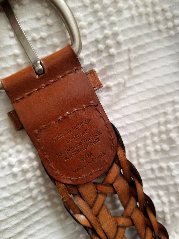 Vintage Braided Belt / Genuine Leather / Thick / Wide / Woven / Silver Buckle / Small/ Medium / Brown / Bonded / 2" / Classic / Women / Boho