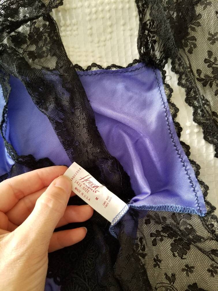 Vintage Teddy Lingerie / Henson Kickernick / Medium / Blue / Black Lace / Sheer / See-through / Ruffles / Romantic / Sexy / Nylon / 70s