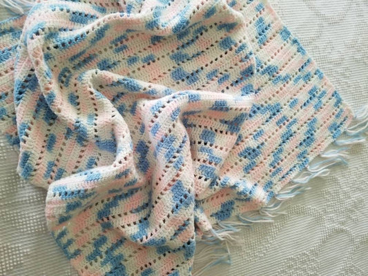 SALE Vintage Crochet Blanket / Handmade / Gender Neutral / Baby Shower Gift / Newborn / Nursery / Crib Bedding / Pastel / Pink / Blue / Tassels