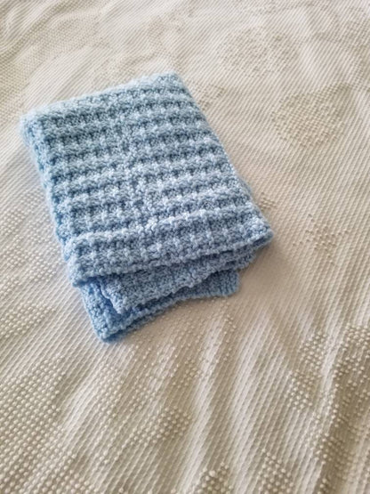 SALE Vintage blanket, baby handmade knit crochet blue newborn boy crib bedding baby shower gift gender reveal 35 x 25