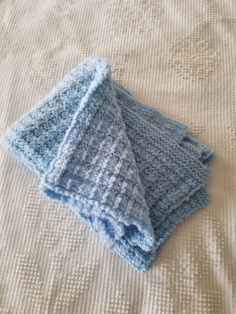 SALE Vintage blanket, baby handmade knit crochet blue newborn boy crib bedding baby shower gift gender reveal 35 x 25