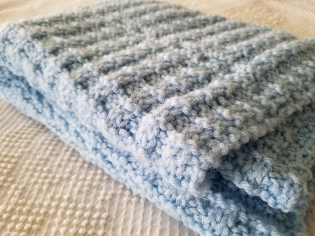 SALE Vintage blanket, baby handmade knit crochet blue newborn boy crib bedding baby shower gift gender reveal 35 x 25